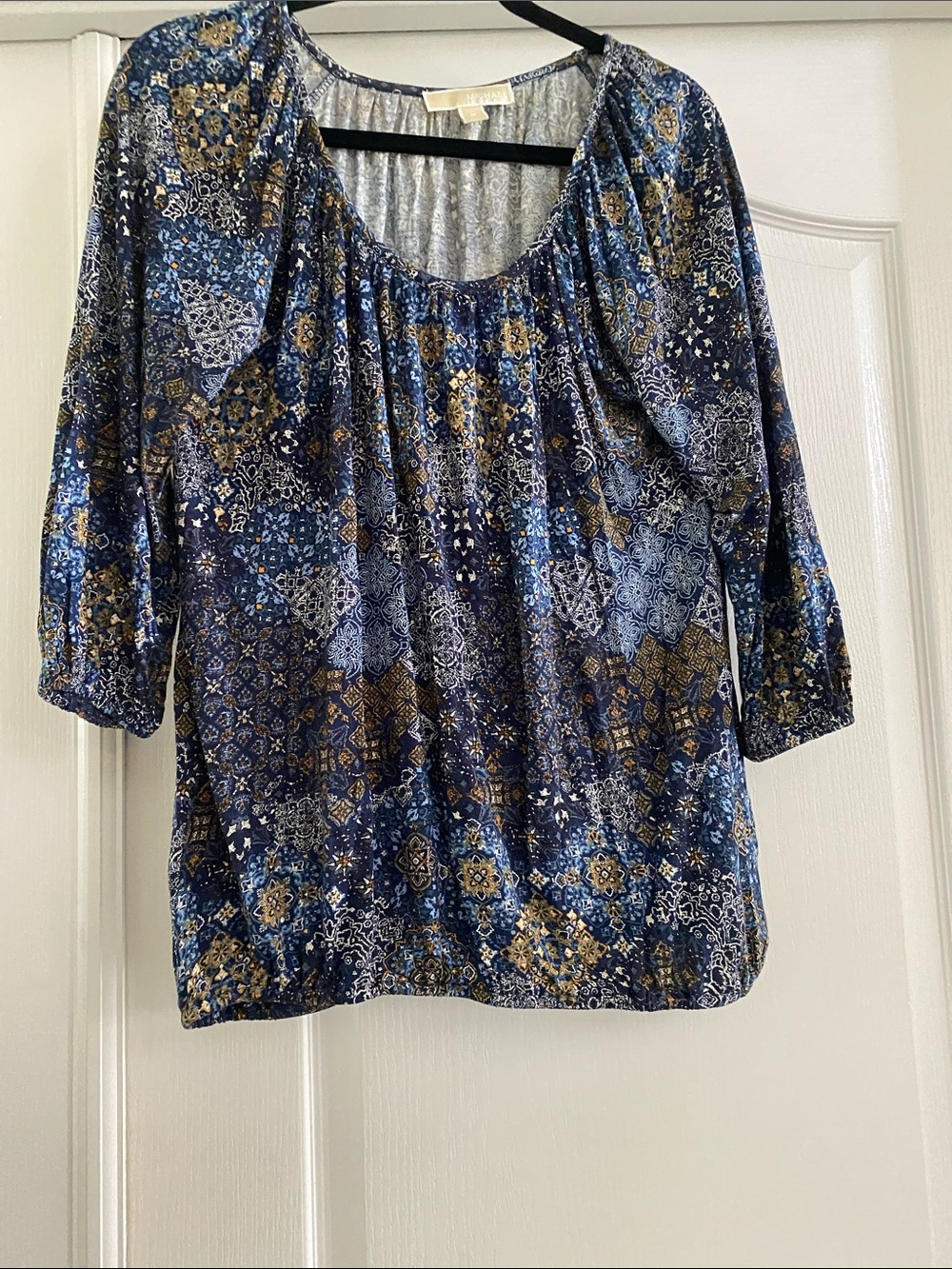 Michael Kors Navy & Gold Patchwork-Print Scoop Neck Blouse